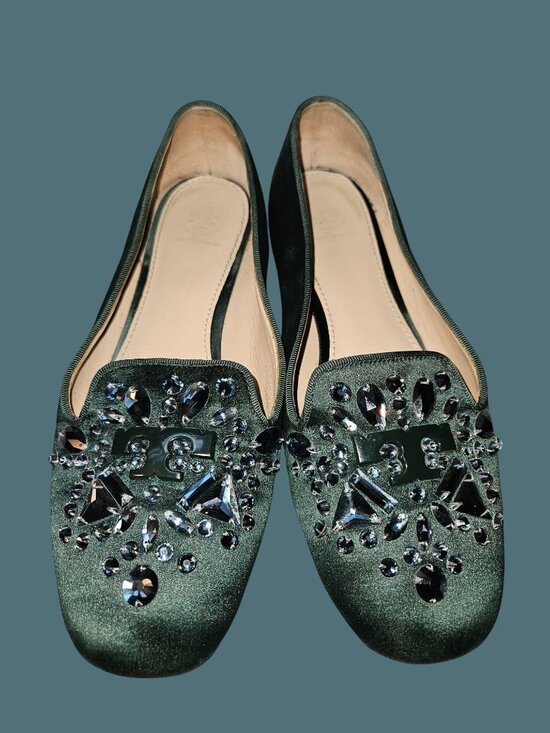 Tory Burch Shoes - Tory Burch Green Satin Delphine T Logo Embellished Ballet Flats Size 8M